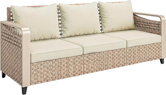 Outsunny Outdoor Patio Couch with Wide and Deep Seat, 3 Seater Wicker Outdoor Sofa with Wide Metal Armrests, Patio Furniture Couch with Cushions for Porch, Garden, Backyard, Beige