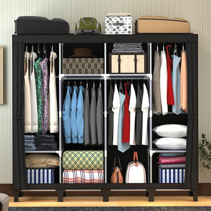 Non-Woven Wardrobe, No Tools Required, Large Capacity, Easy Assembly, Movable, Storage Rack, Waterproof, Dustproof, Stain Resistant, Black, 67.7 x 172 cm (Black, X-Large)
