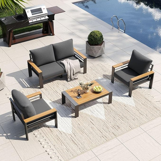 Aoxun Patio Furniture Set, 4 Piece Aluminum Patio Sets with 5" Thicken & Washable Cushion, Waterproof Outdoor Furniture with Coffee Table, Outdoor Couch Sectional for Backyard, Porch and Garden