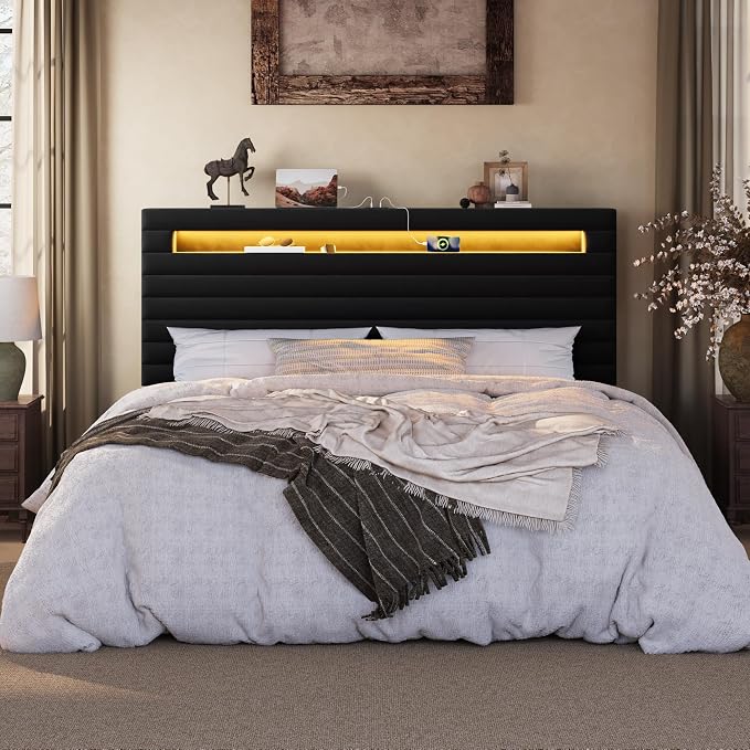 SHA CERLIN King Bed Frame with LED Light & 2-Tier Storage Shelf, Velvet Upholstered Adjustable Headboard with Charing Station, Horizontal Channel Tufted, No Box Spring Needed, Easy Assembly, Black