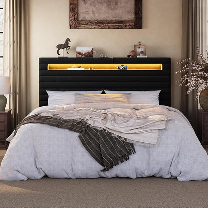 SHA CERLIN King Bed Frame with LED Light & 2-Tier Storage Shelf, Velvet Upholstered Adjustable Headboard with Charing Station, Horizontal Channel Tufted, No Box Spring Needed, Easy Assembly, Black
