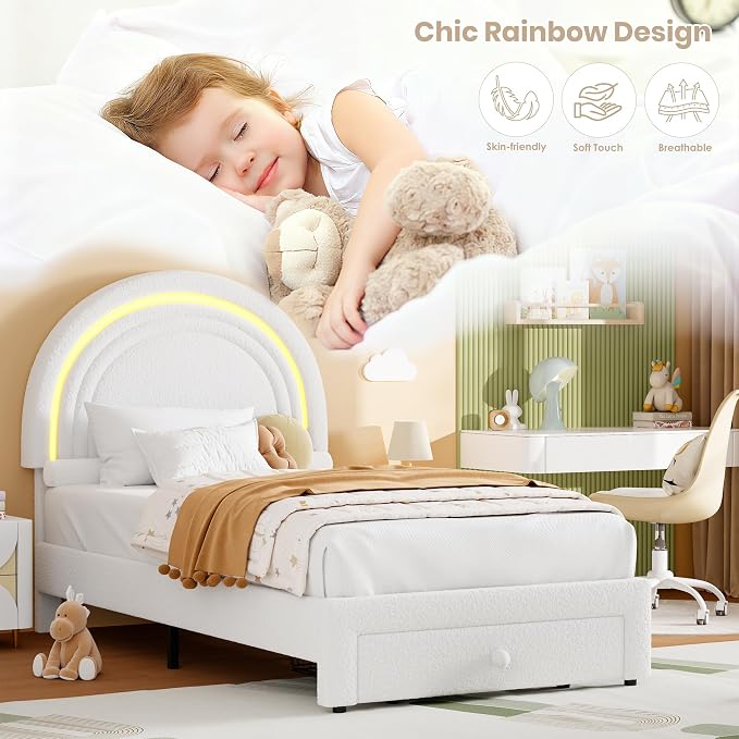 GarveeHome Twin Upholstered LED Bed Frame - with Storage Drawer and Rainbow Headboard, Berber Fleece Princess Platform Bed for Kids, Solid Wood Slat Support, No Box Spring Needed, Easy Assembly, White