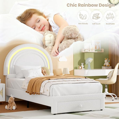 GarveeHome Twin Upholstered LED Bed Frame - with Storage Drawer and Rainbow Headboard, Berber Fleece Princess Platform Bed for Kids, Solid Wood Slat Support, No Box Spring Needed, Easy Assembly, White