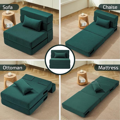 SUYOLS Folding Sofa Bed with Pillow- Convertible Chair Floor Couch & Sleeping Mattress, Foldable Memory Foam Sleeper for Living Room/Dorm/Guest Room/Home Office/Apartment/Loft, Single28, Dark Green