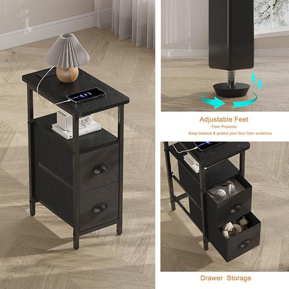sthmec Narrow End Table with Charging Station, Narrow Side Table with 2 Fabric Drawers, LED End Table, Slim Nightstand with LED Light, Small Side Table for Small Spaces, Living Room, Bedroom, Black