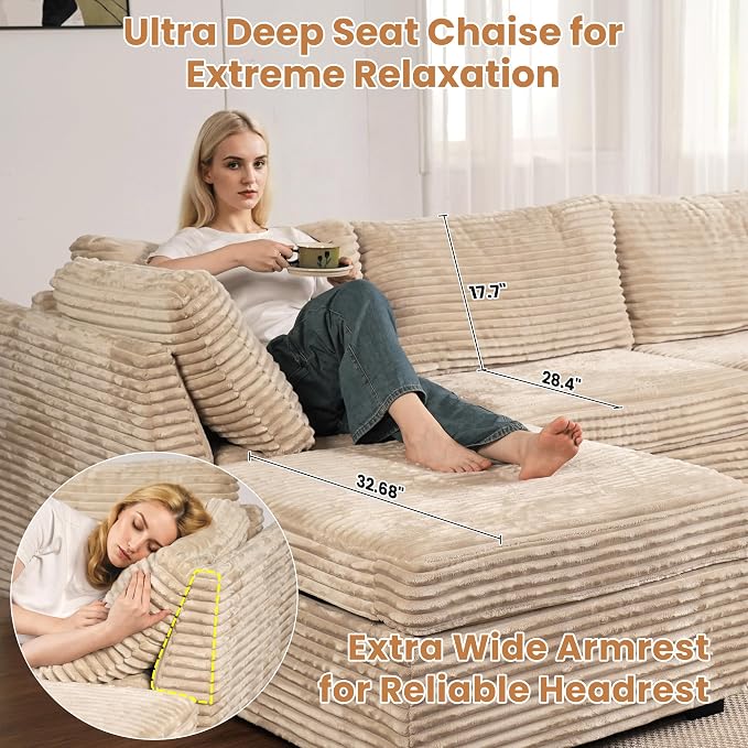 ovios Modular Sectional Sofa Couch with V-Shape Chaise Convertible, Comfy Plush Corduroy Cloud Couches, Modern Luxury Deep Seat Sofas Set for Living Room, 6-Seater, Beige