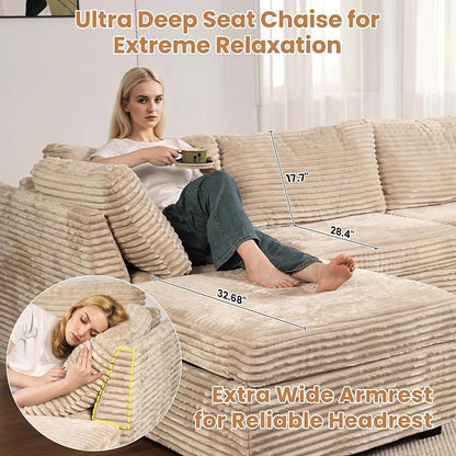ovios Modular Sectional Sofa Couch with V-Shape Chaise Convertible, Comfy Plush Corduroy Cloud Couches, Modern Luxury Deep Seat Sofas Set for Living Room, 6-Seater, Beige