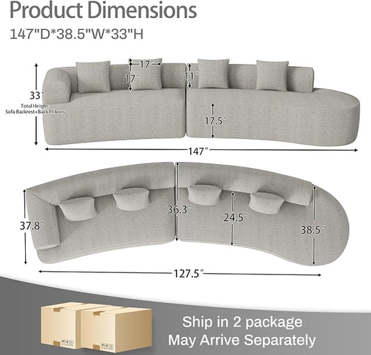 147" Oversized Sectional Sofa for Living Room, Large Modern Chenille Curved Cloud Couch, Luxury Plush 6-Seater Extra Deep Seat Boucle Boneless Couch, No Assembly Required, Beige White