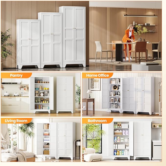 71" Tall Kitchen Cabinet Storage Unit With 2 Doors and 4 Adjustable Shelves, Metal White Freestanding Cupboard, 5 Tier Kitchen Pantry Storage Cabinet for Kitchen Dining/Living Room/Garage/Home/Office