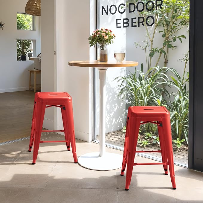 Furmax 24 Inch Metal Bar Stools Set of 4, Counter Height Bar Stools Height High Backless Stools Industrial Stackable Bar Chairs for Dining Room Kitchen Indoor Outdoor Stools Bar Chairs (Red)
