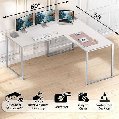 SHW Mission 55 x 60 Inches L-Shape Home Office Computer Desk, White