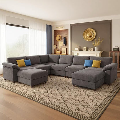 Oversized Modular Cloud Couch with Removable Washable Cover, U-Shaped Sectional for Large Living Room, Plush Chenille & Deep Seat（Grey）