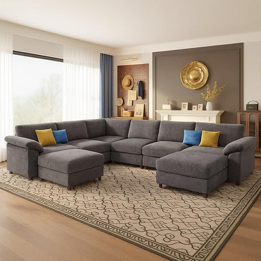 Oversized Modular Cloud Couch with Removable Washable Cover, U-Shaped Sectional for Large Living Room, Plush Chenille & Deep Seat（Grey）