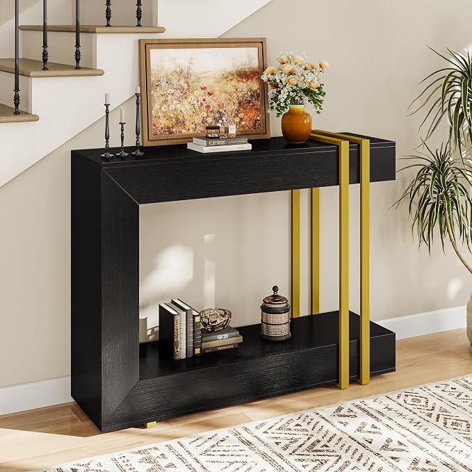 Einhomn 42.5" Console Table Behind Couch, 2-Tier Narrow Entryway Table with Storage, Wood Sofa Tables for Hallway/Entrance/Living Room/Foyer, Black