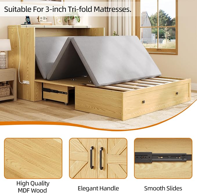 LIVAUVEAD Murphy Bed Queen with Storage & Charging Station, Murphy Cabinet with Foldable Panel, Noisy Free, for Guest Bedroom, Living Room, Office, Distressed,Natural