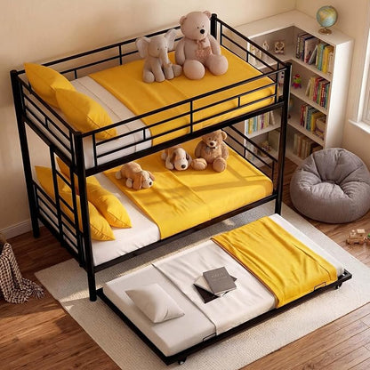 Bunk Bed with Trundle, Metal Twin Bunk Beds with Guardrail and Ladder for Kids/Teenagers/Adults, Space-Saving Bunk Bed Can be Split Into 3 Beds, No Box Spring Needed(Black, with Trundle)