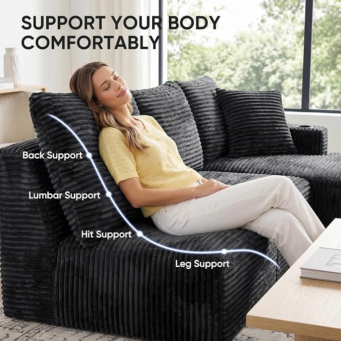 Boneless Couch, 127" Sofas for Living Room, U Shaped Couch with Chaise | Sectional Sofa, Cloud Couch Sectional with Cup Holders and Storage, Cloud Sofa with Deep Seat, Grey, Corduroy, No Assembly