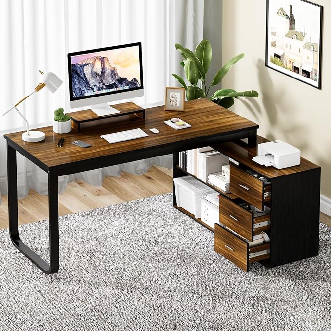 MaverickFurni 55" L Shaped Desk with Drawers and Shelves, Home Office Desk with Monitor Stand for Work Writing Study, Reversible Corner Desk with Storage, Black