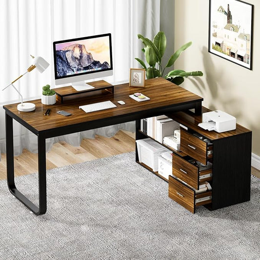 MaverickFurni 55" L Shaped Desk with Drawers and Shelves, Home Office Desk with Monitor Stand for Work Writing Study, Reversible Corner Desk with Storage, Black