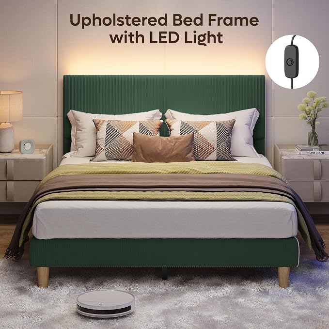 Bestier Queen Platform Bed Frame with Headboard LED Light,Upholstered,Green | No Squeaks,Easy Assembly,LED Lighting Headboard,Vertical Channel Corduroy Upholstered,Wood Slats Support,No Box Spring Needed