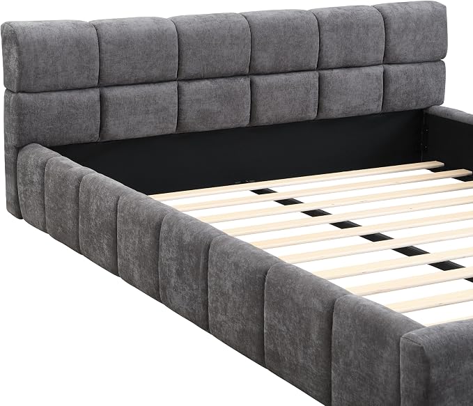 Merax Queen Size Elegant Chenille Upholstered Platform Bed with Thick Headboard and Footboard, Checkerboard Design Upholstery Grounded Bed Frame, Gray