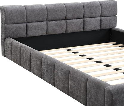 Merax Queen Size Elegant Chenille Upholstered Platform Bed with Thick Headboard and Footboard, Checkerboard Design Upholstery Grounded Bed Frame, Gray