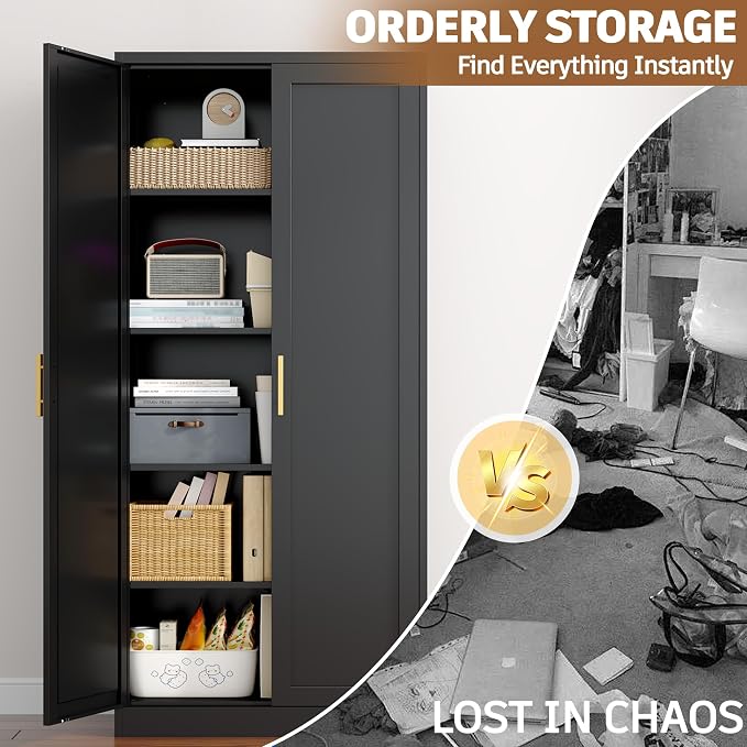 71” Tall Kitchen Pantry Cabinet, Metal Storage Cabinet with 2 Doors and 4 Adjustable Shelves for Kitchen, Living Room, Laundry Room