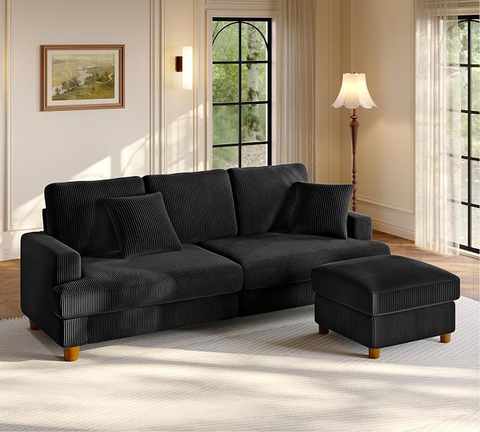 Welzona 87.2" Couches for Living Room, Comfy L Shaped Couch Black 7.5" Thicker Cushion, Sofas for Living Room Tool-Free Setup, Loveseat with Ottoman 848lbs Support, Corduroy Couch for Bedroom, Office
