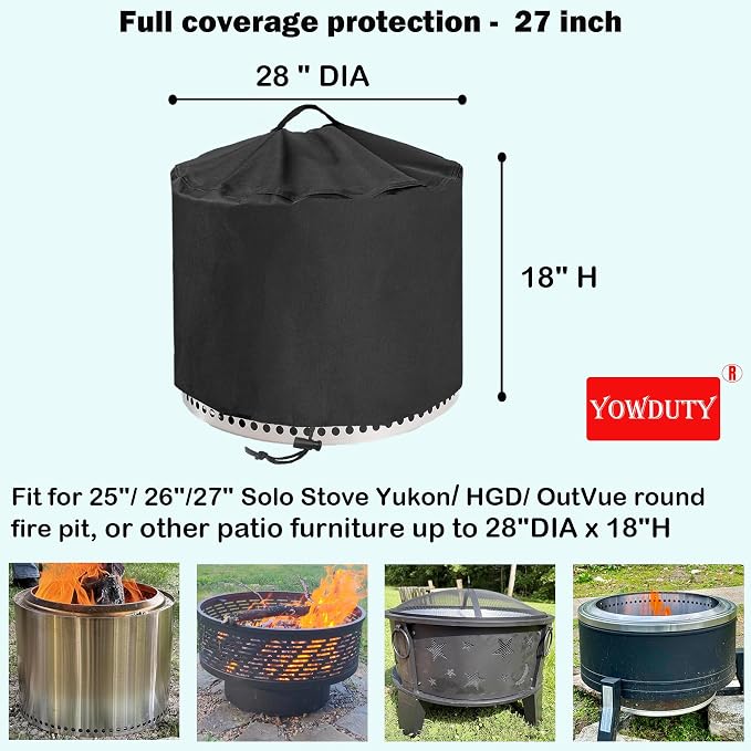 Round Fire Pit Cover for Solo Stove Yukon 27 Inch, Waterproof Heavy Duty 600D Material Fire Pit Cover for 27" Solo Stove Yukon Series Firepit,Round 28" D x 18" H