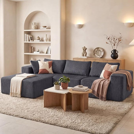DUMOS 105" L-Shaped Sectional Boneless Couch for Living Room, Upholstered Corduroy Sofa with Deep Seat for Small Apartment, Bedroom, No Assembly in a Box, Left Facing Chaise, Grey