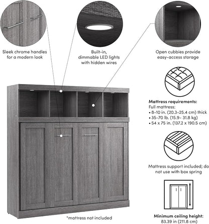 Bestar Full Size Horizontal Murphy Bed with Storage and Charging Station, 80-inch, for Bedroom or Guestroom, Pur Collection, Modern, Gray