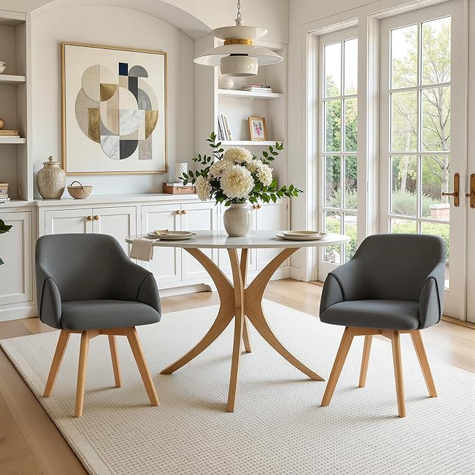Swivel Dining Chairs Set of 2, Mid Century Modern Dining Chairs with Arms, Wood Legs, Linen Fabric Upholstered Kitchen Chairs for Dining Room Living Room, Comfortable Large Seat, Grey