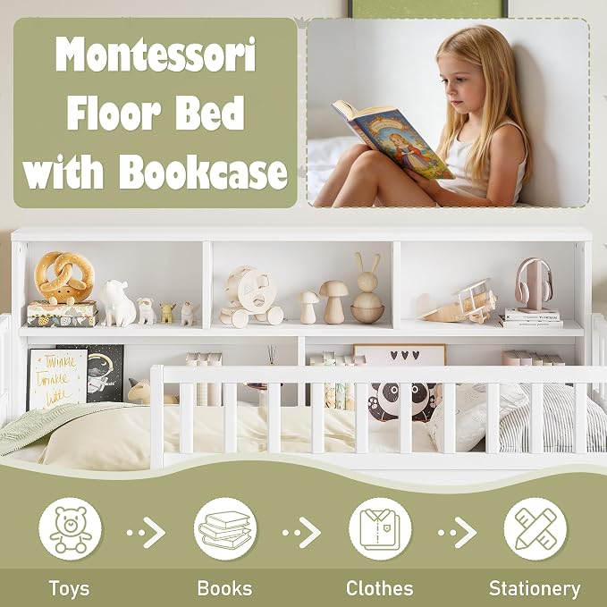 Bellemave Twin Size Montessori Floor Bed with Bookcase, Twin Floor Bed with Rails and Storage Shelves, Easy Assemble Montessori Beds Frame for Girls, Boys, White