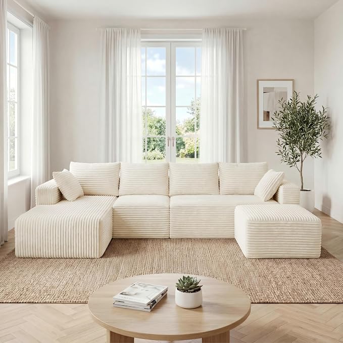 118" U-Shaped Modular Sectional Sofa Set,Soft Corduroy Cloud Couch with Chaise & Ottoman,Deep Seat Boneless Couches for Living Room,No-Assembly - Beige (Left Facing Chaise)