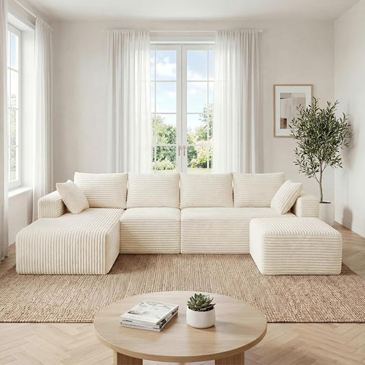 118" U-Shaped Modular Sectional Sofa Set,Soft Corduroy Cloud Couch with Chaise & Ottoman,Deep Seat Boneless Couches for Living Room,No-Assembly - Beige (Left Facing Chaise)