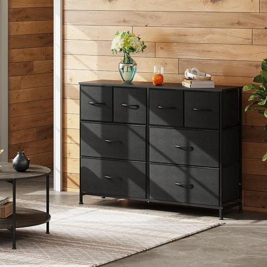 WLIVE Dresser for Bedroom with 8 Drawers, Wide Fabric Dresser for Storage and Organization, Bedroom Dressers, Chest of Drawers for Living Room, Closet, Hallway, Black