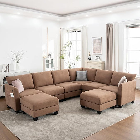 122.8" Large Sectional Couches for Living Room, 6 Seater L Shaped Modular Sectional Sofa with Two Storage Ottomans & USB, Oversized Corner Couch for Living Room（Brown）