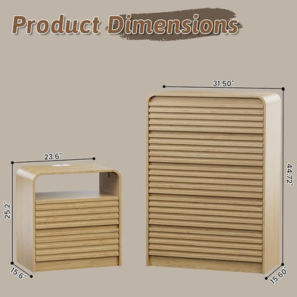 Dresser and Nightstand Sets for Bedroom, 3 Pcs Bedroom Set, Fluted 5 Drawer Dresser with Curved Profile and Night Stand Set of 2 with Charging Station, Wood Chest of Drawers, Natural Oak