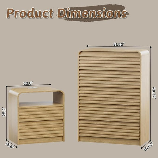 Dresser and Nightstand Sets for Bedroom, 3 Pcs Bedroom Set, Fluted 5 Drawer Dresser with Curved Profile and Night Stand Set of 2 with Charging Station, Wood Chest of Drawers, Natural Oak
