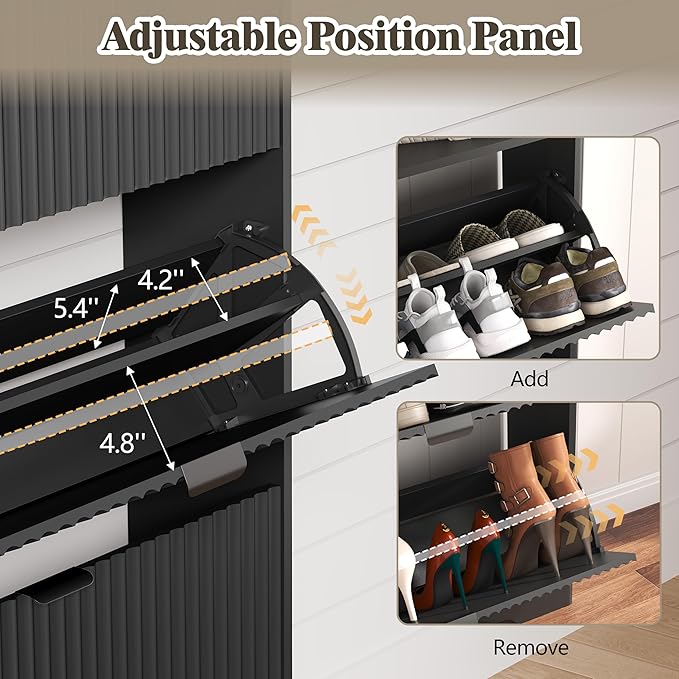Shoe Cabinet Storage for Entryway with 3 Flip Drawers, Fluted Narrow Shoe Organizer with Wooden Legs, Freestanding Slim Shoe Storage Hidden Shoe Rack Organizer for Front Door Entrance, Hallway, Black