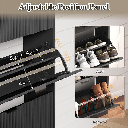 Shoe Cabinet Storage for Entryway with 3 Flip Drawers, Fluted Narrow Shoe Organizer with Wooden Legs, Freestanding Slim Shoe Storage Hidden Shoe Rack Organizer for Front Door Entrance, Hallway, Black