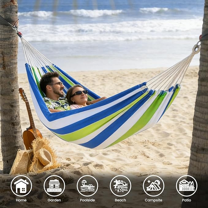 Lazy Daze Hammocks Double Brazilian Cotton Hammock, Extra Large Portable Outdoor Camping Hammock with Tree Straps & Travel Bag for Backyard Patio Poolside Indoor, 550lbs Capacity, Blue & Light Green