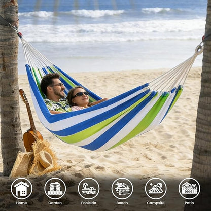 Lazy Daze Hammocks Double Brazilian Cotton Hammock, Extra Large Portable Outdoor Camping Hammock with Tree Straps & Travel Bag for Backyard Patio Poolside Indoor, 550lbs Capacity, Blue & Light Green