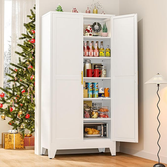 winiowa Tall Metal Kitchen Pantry Storage Cabinet with 2 Doors and 5 Adjustable Shelves - 75.2" Kitchen Cabinet with Gold Handles for Kitchen, Bathroom, Dining Room, Living Room - White