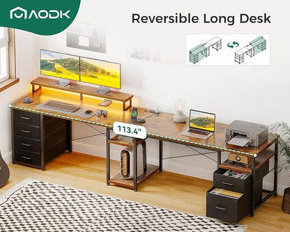AODK 66" L Shaped Computer Desk, 113“ Reversible Home Office Desk with File Cabinet & 4 Fabric Drawers, Two Person Desk with LED Lights & Power Outlet, Corner Gaming Desk with Monitor Shelf, Vintage