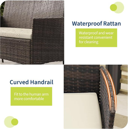 3 Piece Patio Furniture Set, Outdoor Patio Wicker Sofa Set with Upholstery and Glass Storage Coffee Table, All Weather Conversation Rattan Set for Garden, Porch, Lawn, Pool, Brown+White