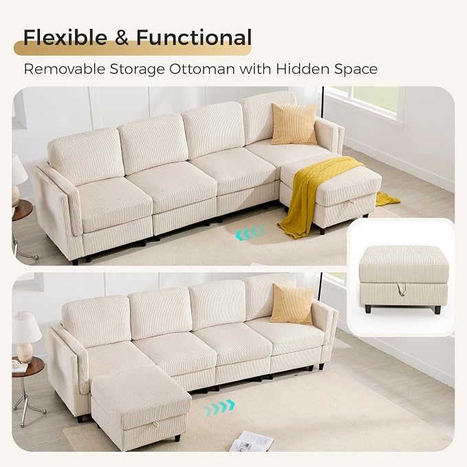 KKL Modular Sectional Sofa Bed with Storage Ottoman, Convertible L/U-Shaped Sleeper Couch for Living Room, Modern Reversible Design(Beige,5 Seater L Shape)