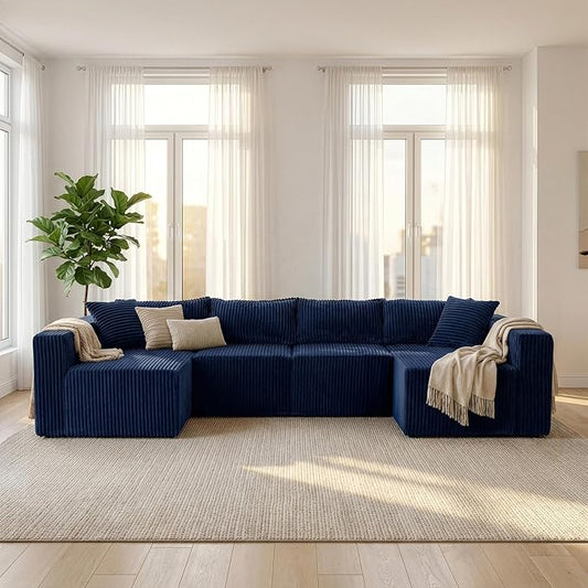 Claiks 128" Modular U‑Shaped Boneless Cloud Couch, Deep Seat Sectional Sofa with Double Chaise, No Assembly Required, Modern Oversized Couches for Living Room, Blue