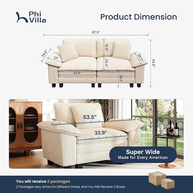 PHI VILLA Cloud Modular Couches Sets, 87.5" Sectional Loveseat Sofa with Upholstered Deep Seat, 2-Seater Comfy Couches for Living Room Bedroom, Corduroy Fabric, Beige