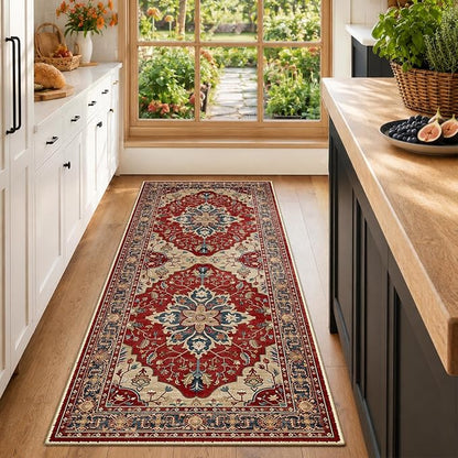 RELEANY Area Rugs Runner 2'x6' Washable Non-Slip, Floral Vintage Distress Medallion Carpet for Kitchen Hallway Bedroom Beside Laundry Room Bathroom, Red Blue